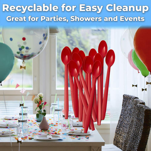 Extra Long, Sturdy Red 8in Premium Sundae Spoons 50ct. Heavy Duty Disposable Plastic Utensils for Ice Cream, Milkshakes, Tea and Floats. Best Stir...