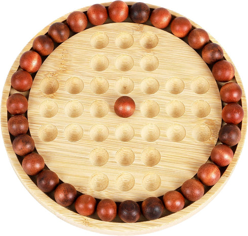TOWO Wooden Solitaire Game –Peg Solitaire Puzzle Toy - Classic Board Game Marble Chess Mind Game 19.5CM 7.7” Round Board with Wooden Balls One Pla...