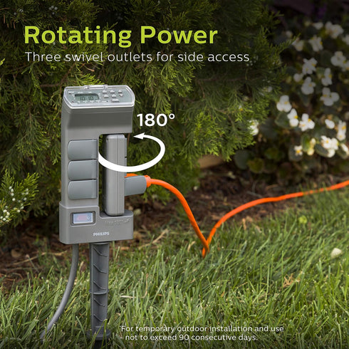 Philips Rotatable Digital Yard Stake Timer, Plug-in, Custom ON/Off Times, Light Sensor, 6-Hour Countdown, Weather Resistant, 6 Grounded Outlets, S...