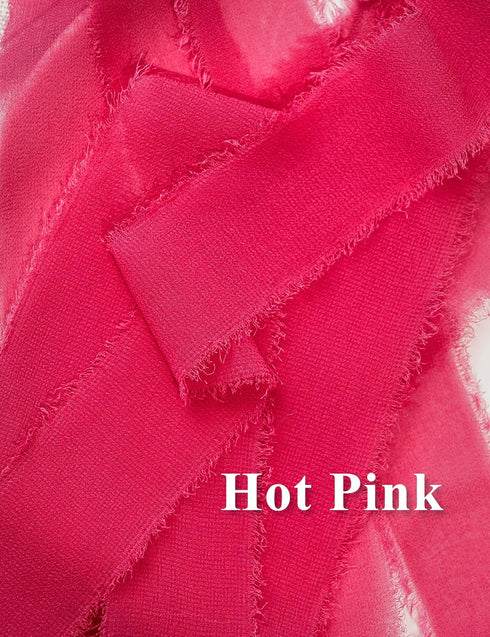 Chiffon Ribbon, Hot Pink Silk Ribbon, Pink Party Decoration, 1.5''x21Yd Handmade Frayed Fringe Ribbon for Gift Wrapping, Floral Vase Decor, for Cr...