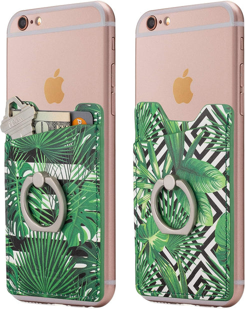 (Two Finger Ring and Cell Phone Stick on Wallet Card Holder Phone Pocket for iPhone, Android and All Smartphones. (Patterned Leaves)...