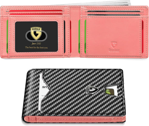 GSOIAX Mens Slim Wallet for Men Minimalist Genuine Leather Carbon Fiber Rfid Blocking Bifold Credit Card Holder With Gift Box (Pink and Carbon Bla...