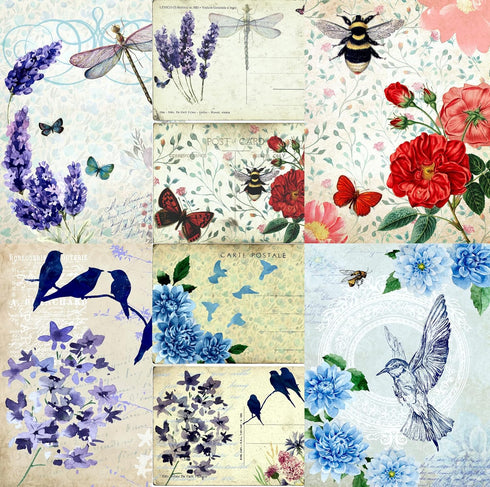 Bees & Birds Mulberry Rice Paper, 8 x 10.5 inch - 6 x Different Printed Mulberry Paper Images 30gsm Visible Fibres for Decoupage Crafts Mixed Medi...