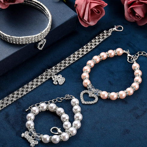 4 Pcs Pearl Dog Collar Necklaces Small Dogs Cats Rhinestones Collar Necklace Set, Crystal Pet Puppy Dog Necklace Adjustable Dog Jewelry for Pet Sm...