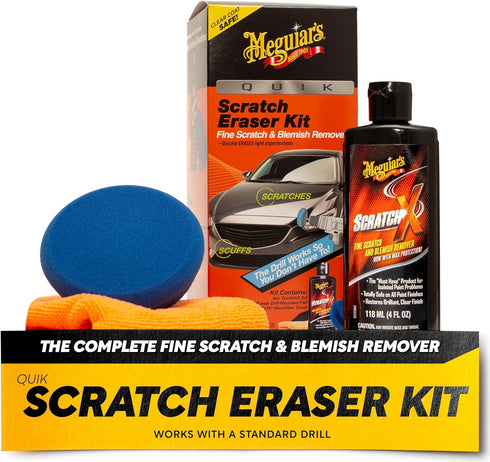 Meguiar's Quik Scratch Eraser Kit, Car Scratch Remover for Repairing Surface Blemishes, Car Care Kit with ScratchX, Drill-Mounted Pad, and Microfi...