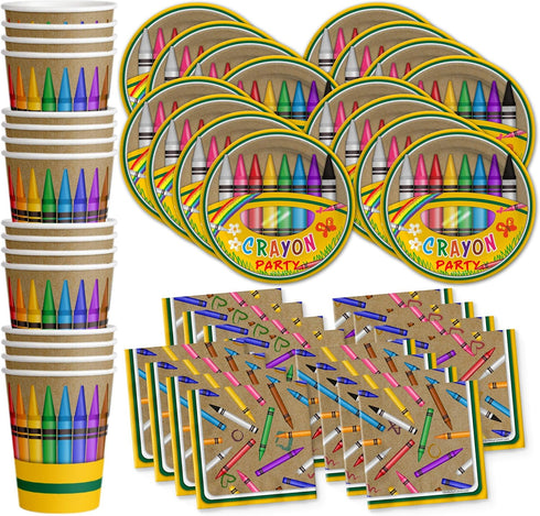 Crayon Birthday Party Supplies Set Plates Napkins Cups Tableware Kit for 16...