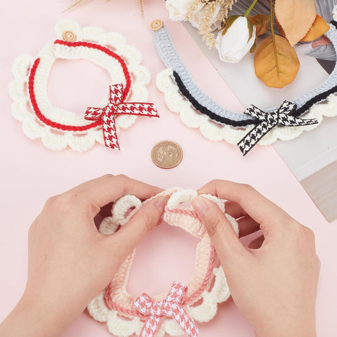 FINGERINSPIRE 3PCS Knitted Cat Collars Handmade Pet Collar with Buckles Adjustable Bow Tie Pet Collar Rose Brown Blue Handmade Collars Wool Hand-W...