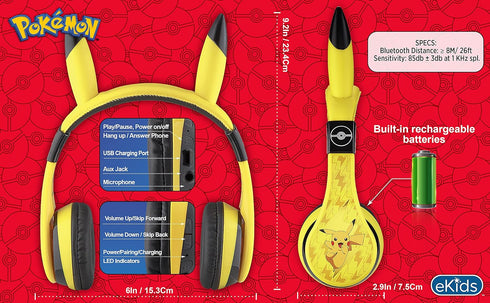 eKids Pokemon Kids Bluetooth Headphones, Wireless Headphones with Microphone Includes Aux Cord, Volume Reduced Kids Foldable Headphones for School...
