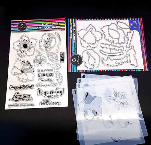 Alinacutle 1pc Cherry Flower Clear Stamps & 4pc Layering Stencil & 1set Coordination Frame Metal Cutting Die for Handmade Card Making Album Paper ...