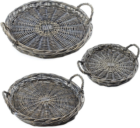 AuldHome Design Rustic Willow Basket Trays, Set of 3 (Round, Gray Washed); Natural Wicker Decorative Farmhouse Trays...
