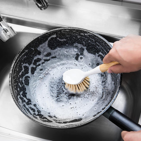 2 Pack Kitchen Dish Brushes with Bamboo Handle, Dish Scrubber Built-in Scraper, Scrub Brush for Pans, Pots, Counter & Kitchen Sink Cleaning, Dishw...