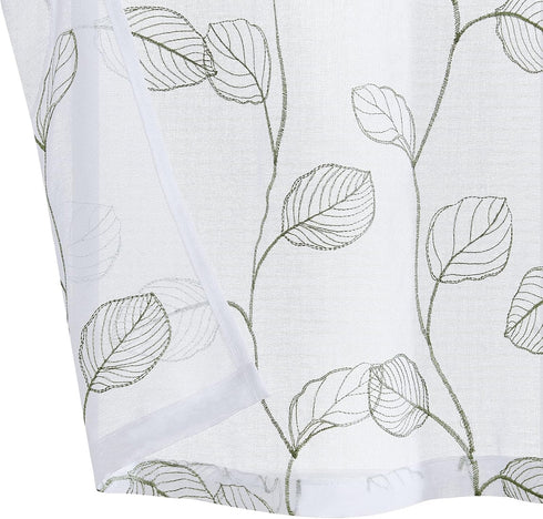 Topick White Sheer Kitchen Curtains - Sage Green Leaf Embroidered Cafe Semi Sheer Short Half Window RV Camper Tier Farmhouse Door Bathroom Basemen...