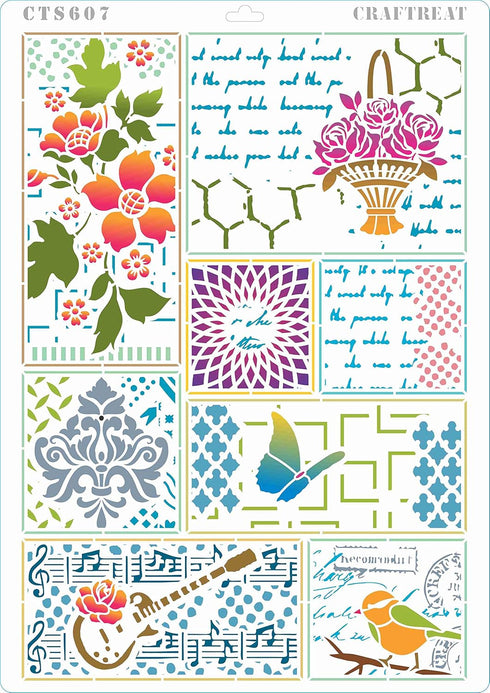 CrafTreat Stencils for Painting on Wood, Canvas and Fabric - Ledger Poppy, Flower Collage, Bird Song & Bits and Pieces - 4 Pcs - Size: A4 (8.3 x 1...