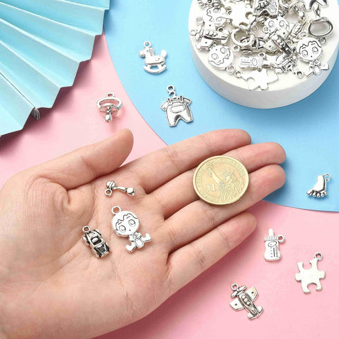 Ipotkitt 100 Pcs 10 Styles Antique Style Cartoon Charms Baby Boy Charms Baby Themed Puzzle Plane Charms for Baby Shower DIY Jewelry Making Supplie...