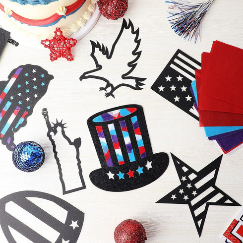 18 Pieces 4th of July Patriotic Suncatcher Paper Kit for Window, Stained Glass Effect Paper Suncatchers Window Door Art Classroom DIY Crafts Patri...