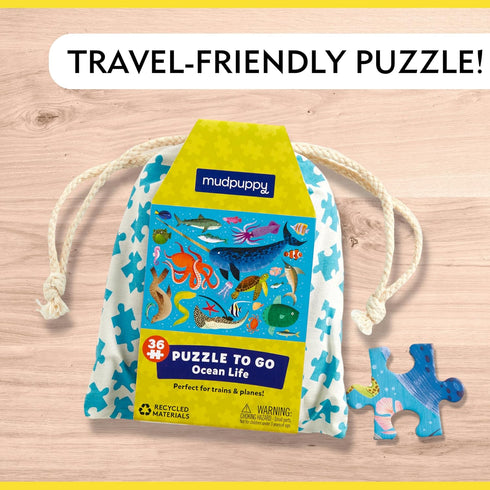 Mudpuppy Ocean Life Puzzle to Go, 36 Pieces, 12 x 9” – Great for Kids Age 3+ – Packaged in Travel-Friendly Drawstring Fabric Pouch – Perfect for A...