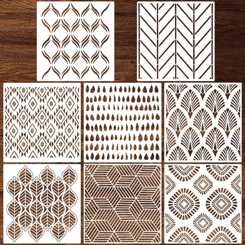 Outus 8 Pieces 12 x 12 Inch Wall Stencils for Painting on Wall Wood Floor Tile Reusable Furniture Stencils Drawing Template Geometric Modern Herri...
