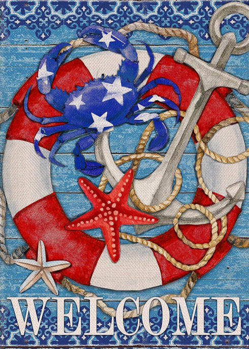 Welcome Summer Nautical Crab Decorative Small Garden Flag, Coastal Beach Anchor Lifebuoy Home Outside House Yard Decoration, Starfish Sea Ocean Fa...