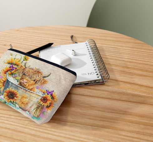 Highland Long haired Cow with Sunflower Decor Cosmetic Bag,Cute Western Cow Clipart Decorative Women's Makeup Bag Zipper Pouch Travel Toiletry,Gif...