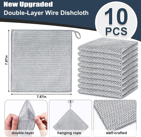 Navona 10 Pcs New Upgrade Steel Wire Dishcloth,Double-Layer Steel Wire Cleaning Cloth,Powerful Cleaning Non-Scratch Wire Dishcloth Rag for Cookwar...
