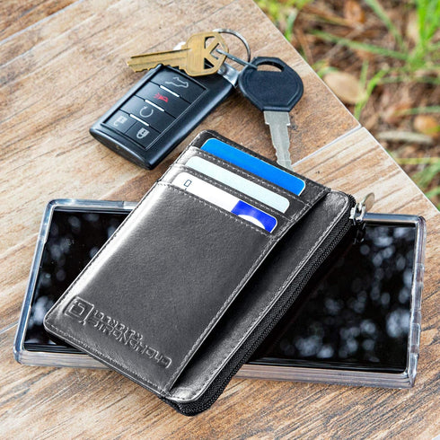 ID STRONGHOLD RFID Front Pocket Wallet Mini Minimalist Wallet Slim Wallet Genuine Leather with Zipper , Black , Small...