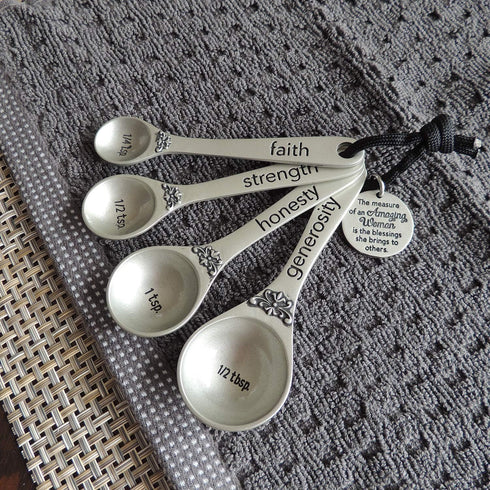 Amazing Woman Measuring Spoon Set, Decorative Gifts and Kitchen Accessories, 4 Spoons, Engraved Pewter and Silver Enamel, By Abbey & CA Gift...