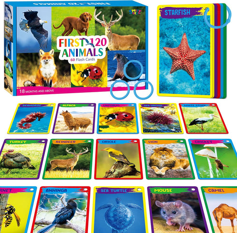 My First 120 Animals, 60PCS Realistic Zoo Animal Cards Farm/Wild/Marine Animals/Insects/Birds Flashcards Montessori & Science Educational Toys Pre...