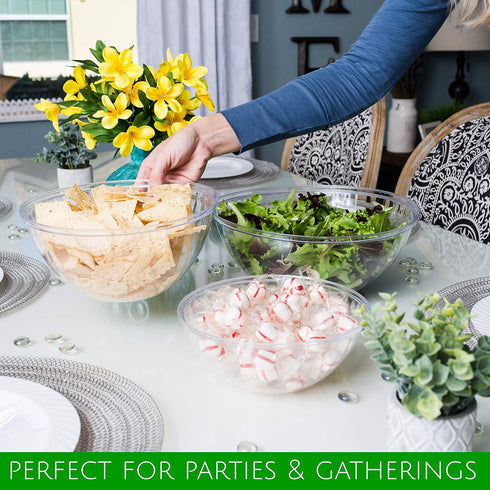 PLASTICPRO Disposable Round Crystal Clear Serving Bowls With Lids Party Snack or Salad Bowl, Plastic Clear Chip Bowls, Party Snack Bowls, Candy Di...