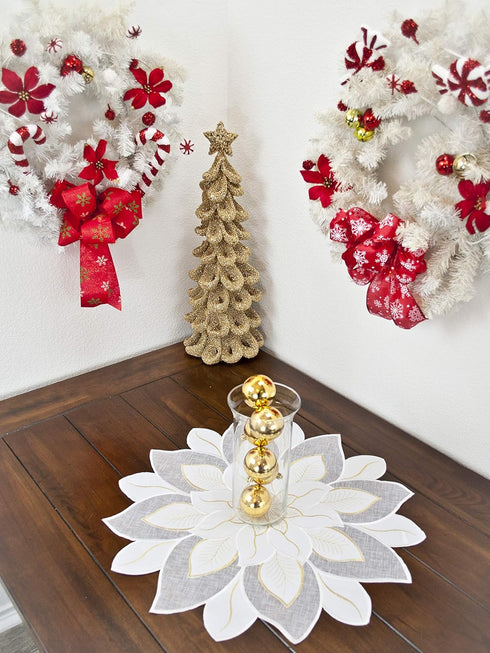 Embroidered Holiday Christmas White and Gold Star Poinsettia Doily Place Mat Small Table Topper (23 Inch Round)...