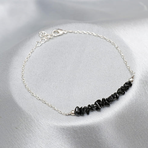 Gempires Natural Black Tourmaline Chips Bar Bracelet, 3-4 mm Chips With 7+1 inch Adjustable Silver Plated Chain (Black Tourmaline)...