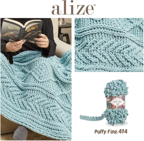 Alize Puffy Fine Baby Blanket Small Loop 100% Micropolyester Soft Yarn Lot of 4skn 400gr 64yds (218 - Baby Blue)...