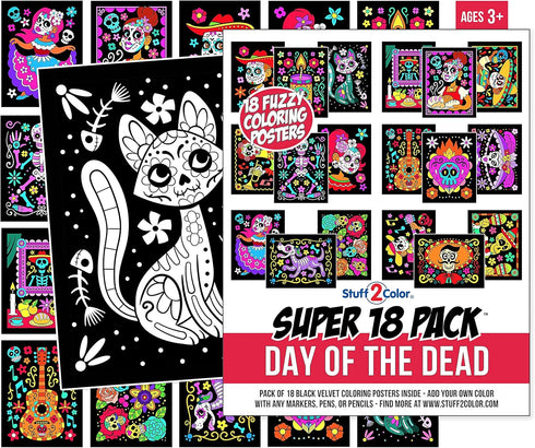 Super Pack of 18 Fuzzy Velvet Coloring Posters (Kids Themed - Day of the Dead) - Halloween and Dia de Los Muertos Coloring Crafts Activity for Tod...