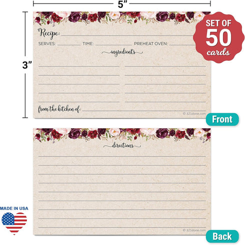 321Done Recipe Cards (Set of 50) Small Floral 3x5 - Double-Sided for Weddings, Bridal Shower - Made in USA - Watercolor Red Roses, Rustic Tan From...