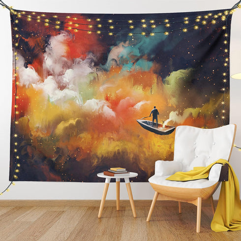 Ambesonne Fantasy Tapestry, Man on a Boat Floating Within Nebula Cloud in Vivid Colorful Psychedelic Background, Wide Wall Hanging for Bedroom Liv...