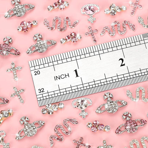 30 Pcs Nail Charms Pink Y2k Chrome Nail Art Rhinestone Charms 3D Cross Snake Saturn Shape with Rhinestones Planet Nail Gems Shiny Jewelry Nail Dec...