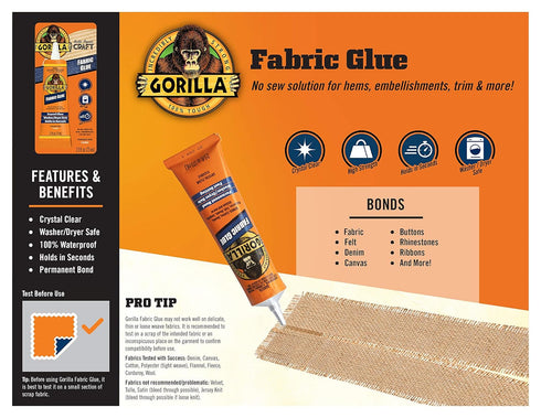 Gorilla Waterproof Fabric Glue 2.5 Ounce Tube, Clear, (Pack of 1)...
