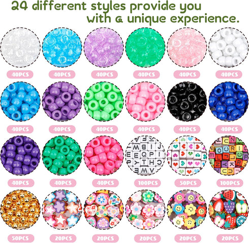 GMMA 1000 PCS Various Pony Beads Kit for Bracelet with Storage Box, Clay Flower Beads for Friendship Bracelets, Crystal Thread, Elastic String, Le...