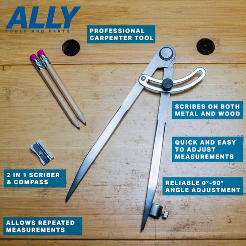 ALLY Tools 8 Inch Precision Locking Wing Divider/Woodworking Compass with Pencil Holder INCLUDES Two Pencils and Pencil Sharpener Ideal for Drawin...