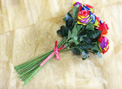 Ooki 12 Long Stem Artificial Silk Rainbow Rose Flower Bush Bouquet for DIY Any Arrangement Home Decor Wedding Party Celebration...
