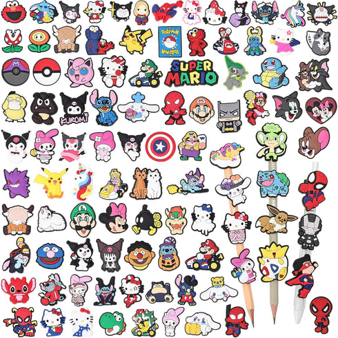 100PCS Mixed Anime Cartoon Pencil Toppers - Kawaii Pen Charms for Boys and Girls, Cute Classroom Rewards and Prizes for Students, Pencil Decoratio...