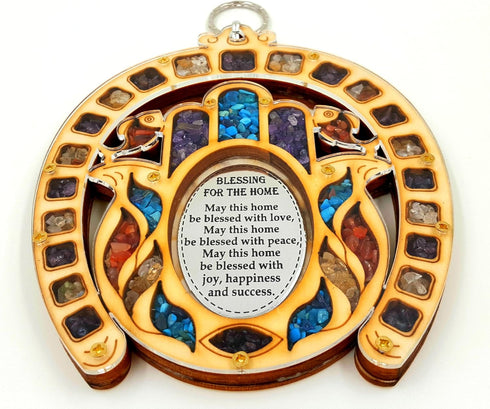 Horseshoe Symbol Hand Fatima Wood Wall Hanging Plaque Hamsa Home Blessing with Semi Precious Stones Gift...