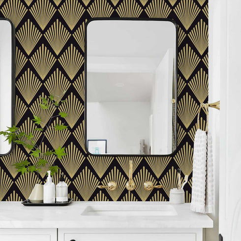 Black Geometric Wallpaper Peel and Stick Modern Contact Paper for cabinet Boho Black and Gold Wallpaper for bedroom Self Adhesive Removable Wallpa...