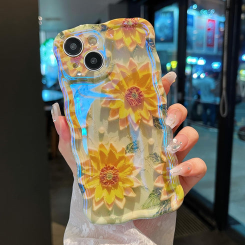 XIZYO Case for iPhone 15, Colorful Retro Oil Painting Flower Cute Floral Aesthetic Curly Wave Frame Laser Glossy Reflective Exquisite Stylish Prot...