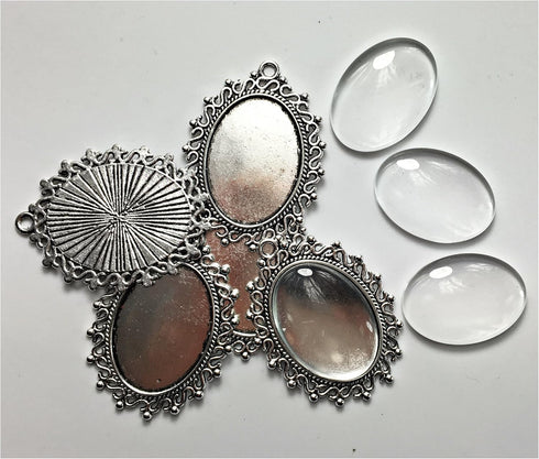 ALL in ONE 10 Sets Cabochon Frame Setting Tray Pendant with Clear Glass Dome Tile for DIY Jewelry Making (25x18MM Antique Silver#2)...