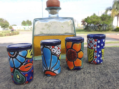 Talavera Shot Glasses Set of 4 Authentic Mexican Tequila Shot Glasses - Hand-painted - 2 Oz (Flowers)...