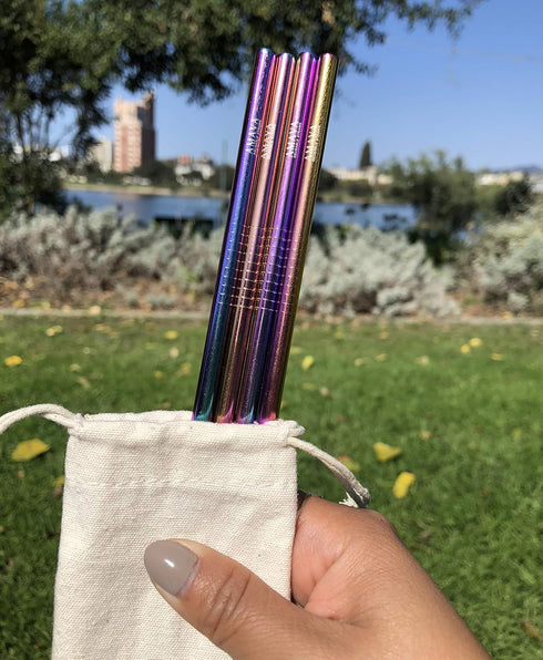 Reusable Straws Set, Stainless Steel Metal, Colorful, Includes 8 Straws, 4 Silicone Tips, 2 Cleaning Brushes, and 2 Travel Pouches, Draw String Ba...