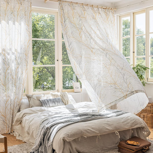 FMFUNCTEX Linen Semi Sheer Curtains for Bedroom, Yellow White Curtains 84 Inches Long for Living Room, Grey Tree Branch Print Curtain Light Filter...