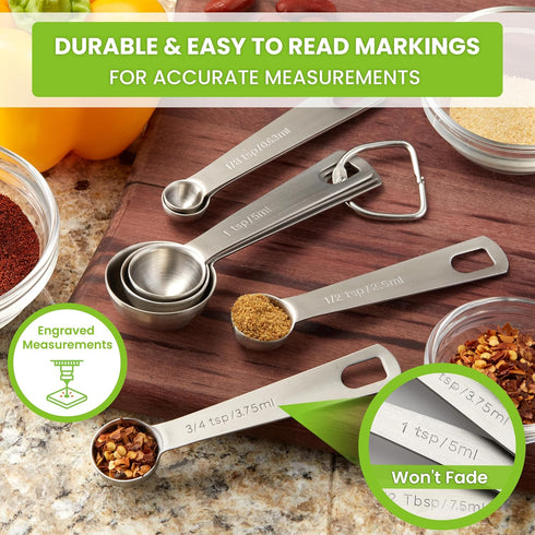 Spring Chef Stainless Steel Measuring Spoons Set of 8 with Leveler, Round Metal Teaspoon & Tablespoon Measuring Spoons - Nesting Kitchen Gadgets F...