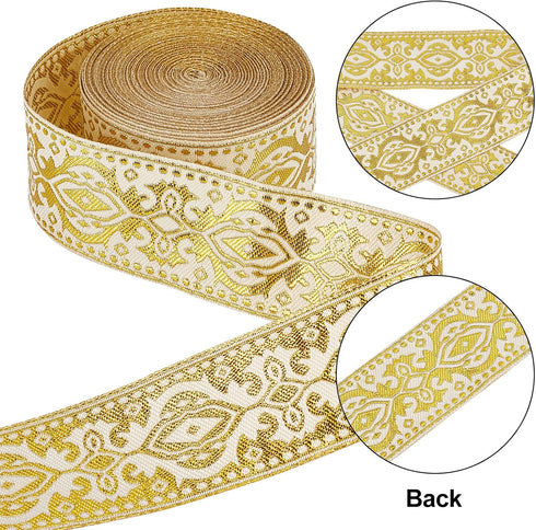 GORGECRAFT 7.7 Yards Double Side Metallic Gold Ethnic Jacquard Ribbon 1.3" Wide Floral Embroidery Bohemian Polyester Woven Ribbons Fringe Band Fab...
