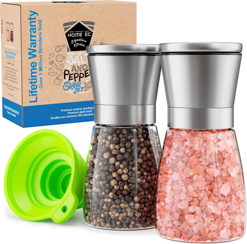 Home EC Original Stainless Steel Sea Salt and Pepper Grinder Set of 2 - Adjustable Ceramic - Glass Salt and Pepper Shakers - Kitchen Pepper Mill &...